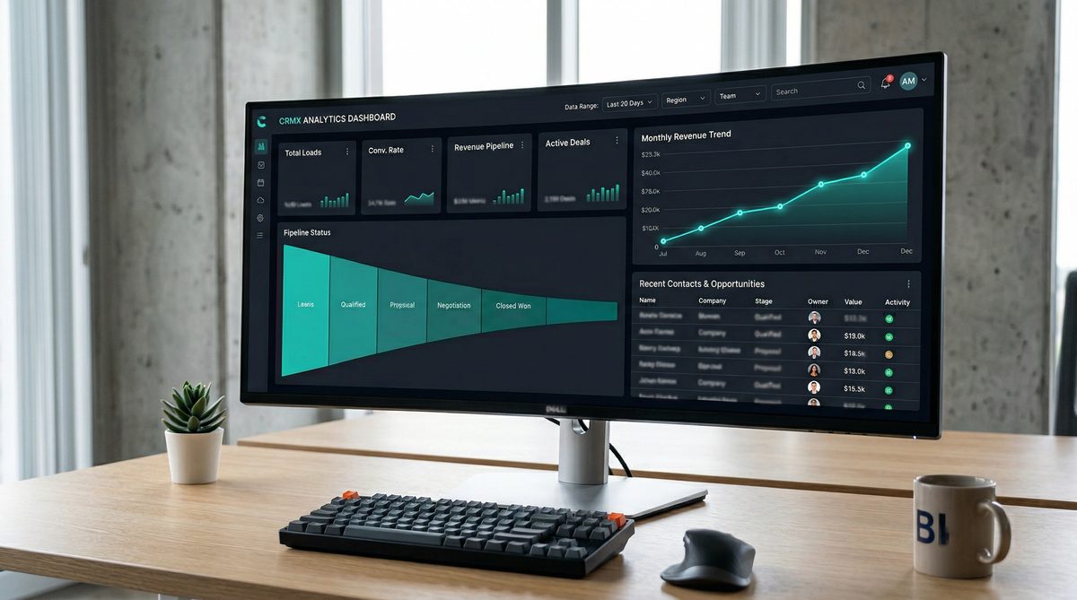 CRM analytics dashboard showing pipeline funnel and revenue trends